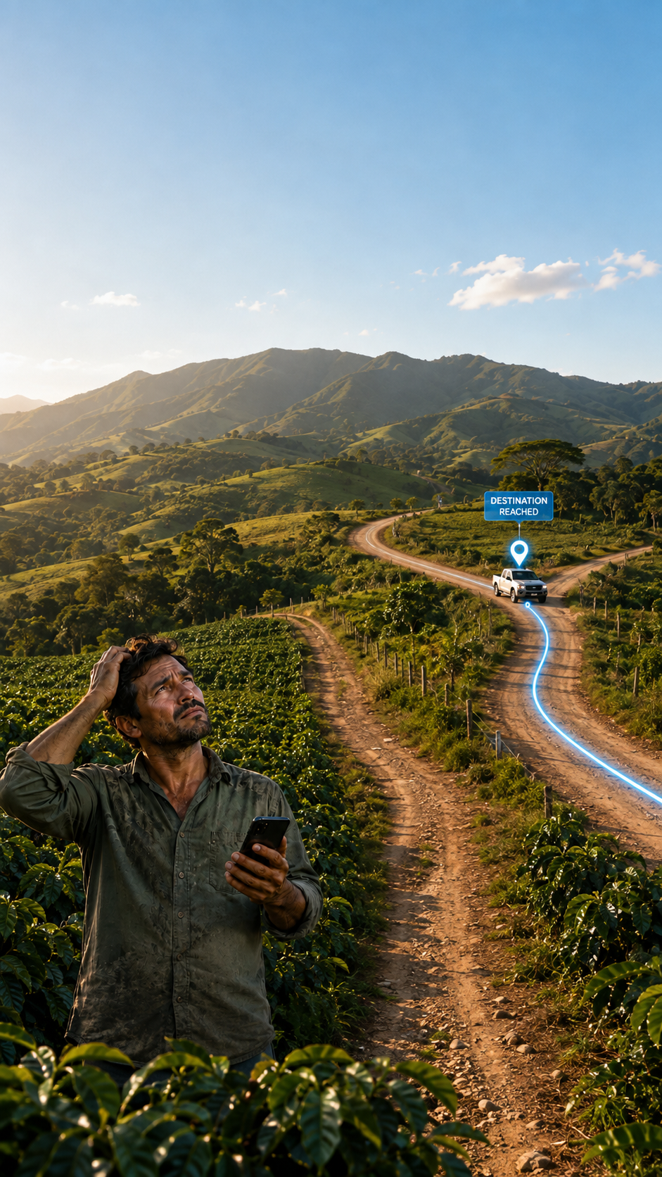 Produtor rural diante de uma estrada que ainda não faz parte da rota navegável